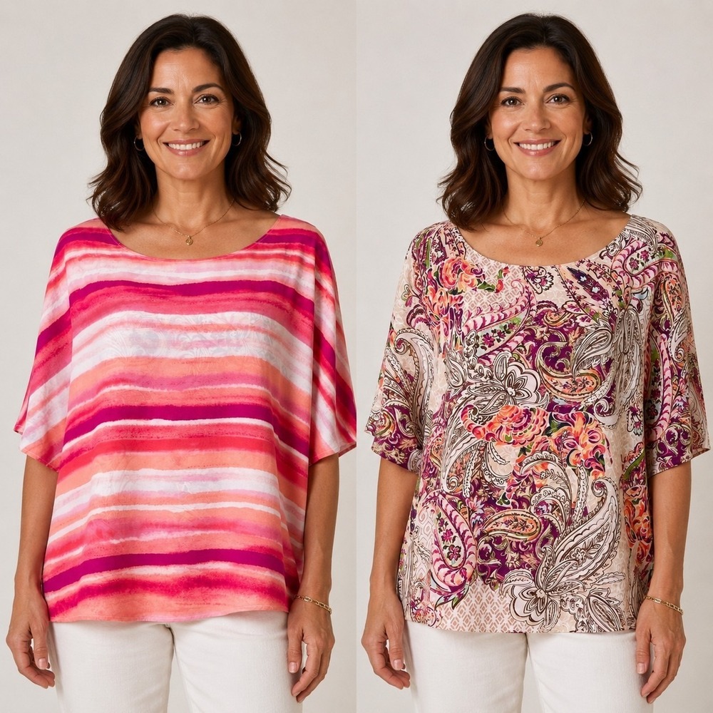 CHICO'S Size 12 Reversible Blouse Colorful Top Paisley Floral Watercolor Stripe